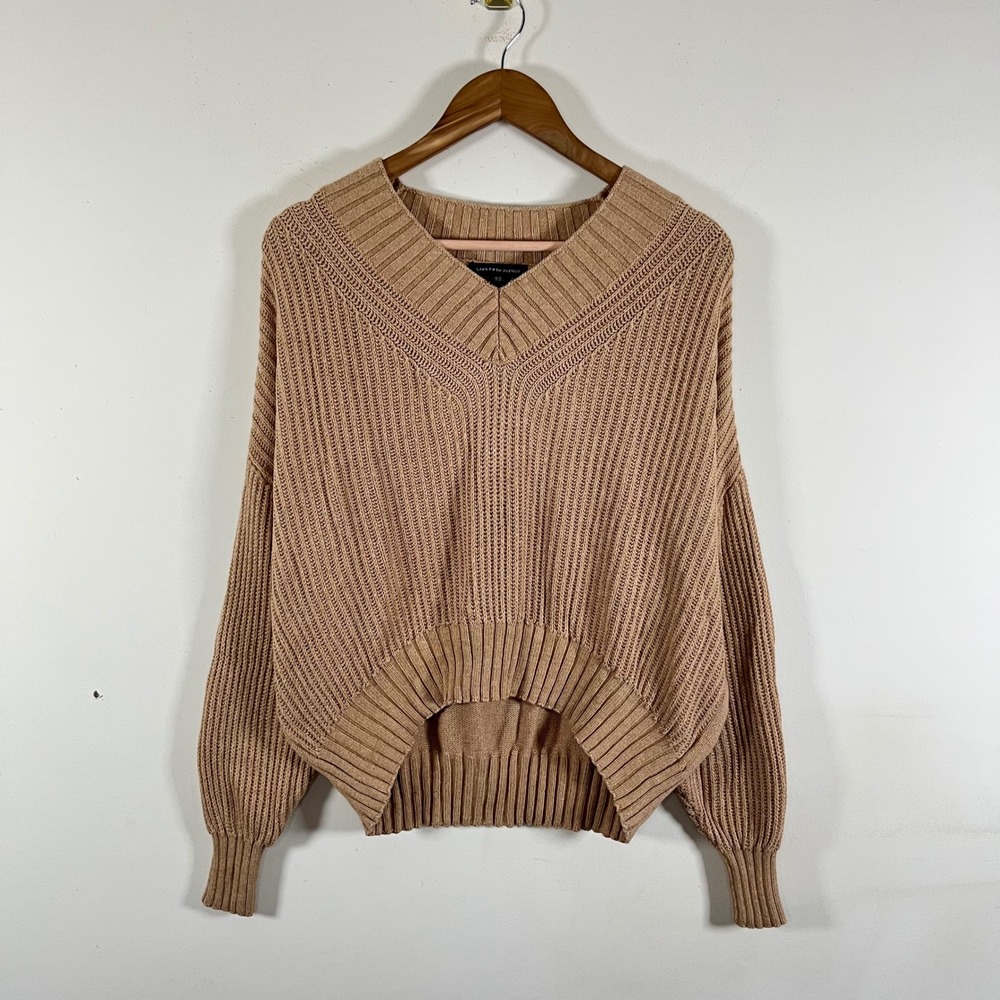 Saks Fifth Avenue Cotton Cashmere Blend Ribbed Knit V-Neck Sweater Tan Medium